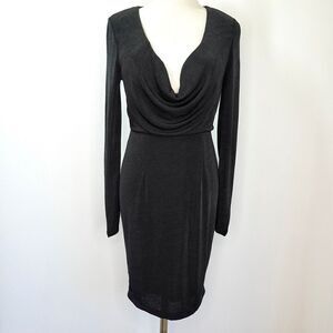 Angel Biba Little Black Dress Long Sleeve Plunge Draped Neckline Size 12